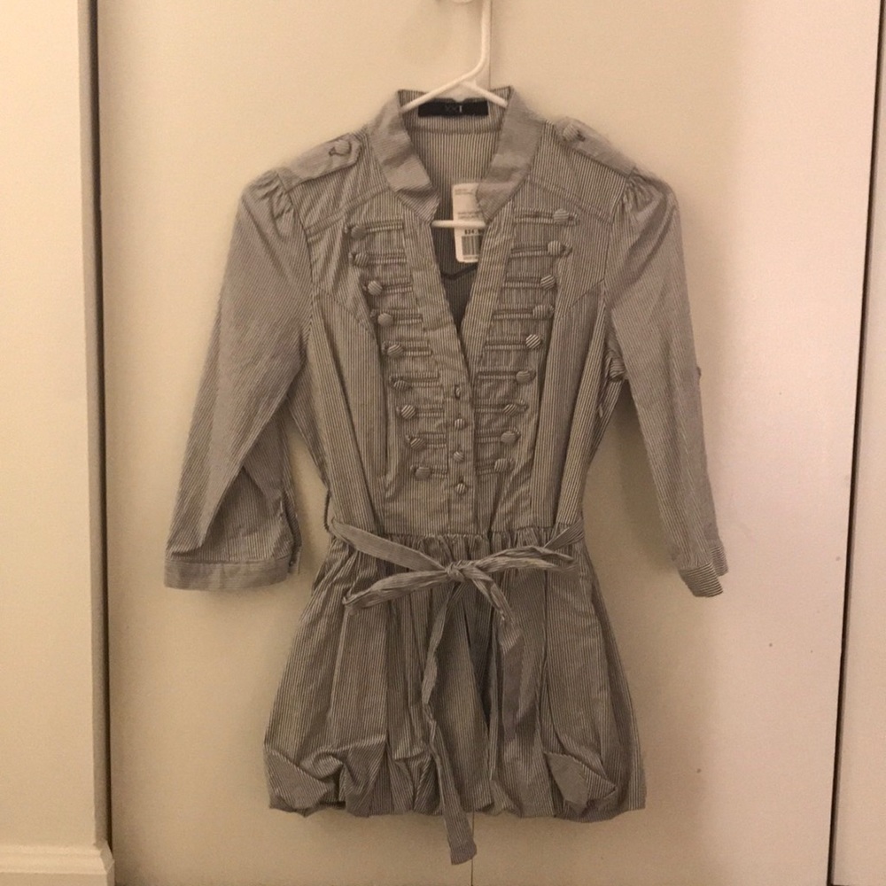 Woven Top/Tunic Stripped Charcoal & White